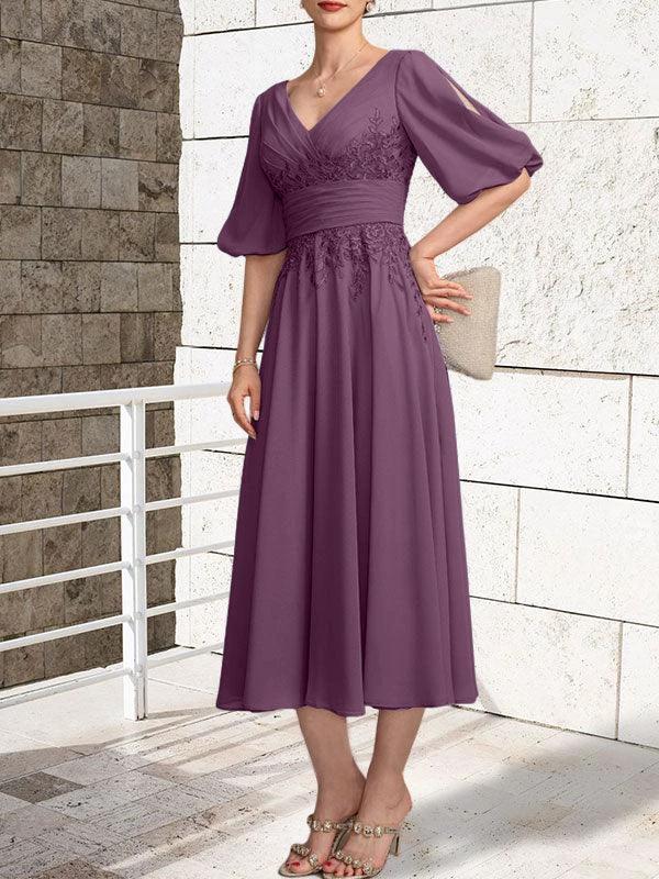 A-line V-Neck Tea-Length Lace Chiffon Mother of the Bride Dress With Pleated - Image 20