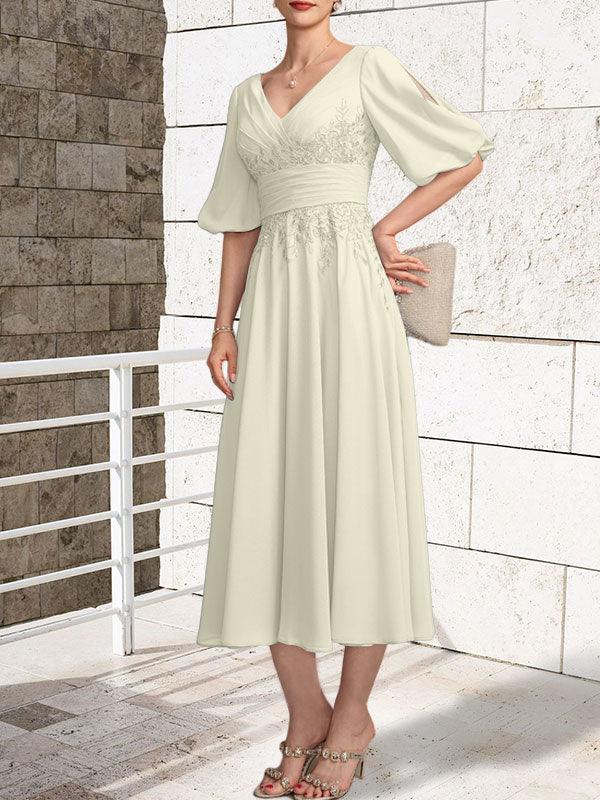 A-line V-Neck Tea-Length Lace Chiffon Mother of the Bride Dress With Pleated - Image 22