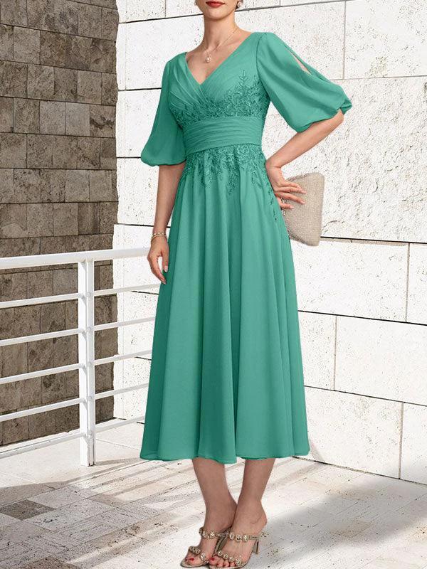 A-line V-Neck Tea-Length Lace Chiffon Mother of the Bride Dress With Pleated - Image 23