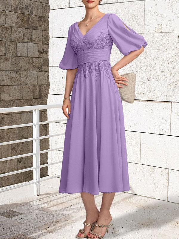 A-line V-Neck Tea-Length Lace Chiffon Mother of the Bride Dress With Pleated - Image 24