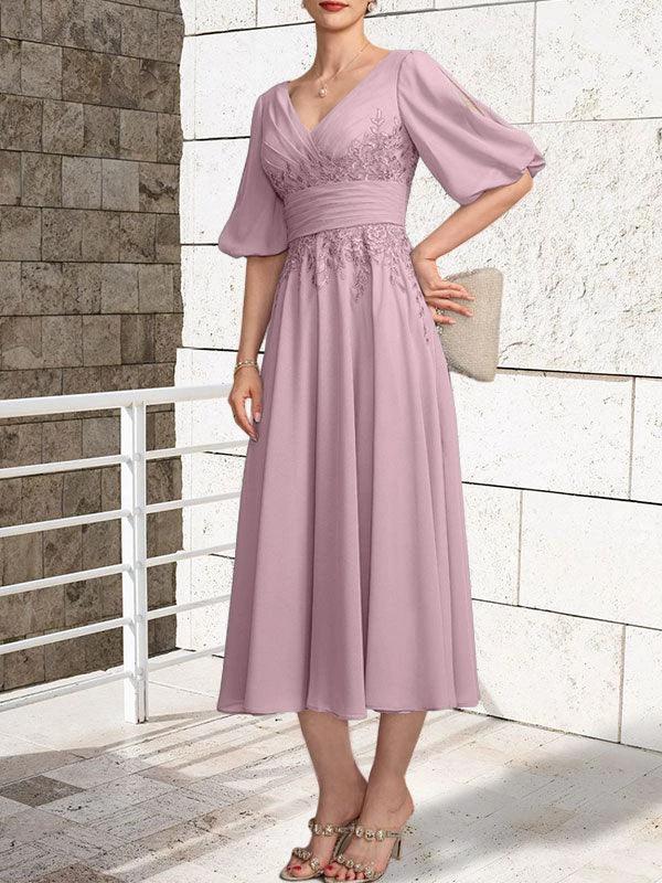 A-line V-Neck Tea-Length Lace Chiffon Mother of the Bride Dress With Pleated - Image 25