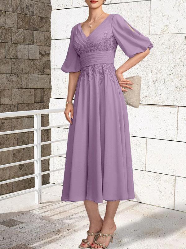 A-line V-Neck Tea-Length Lace Chiffon Mother of the Bride Dress With Pleated - Image 26
