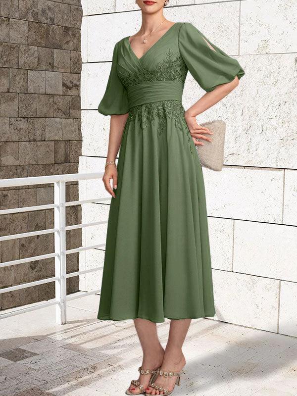 A-line V-Neck Tea-Length Lace Chiffon Mother of the Bride Dress With Pleated - Image 29