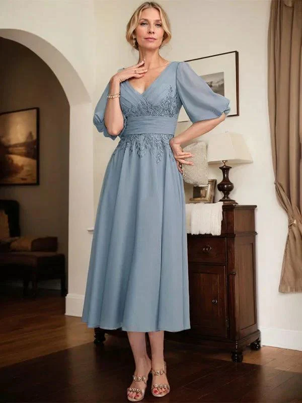 A-line V-Neck Tea-Length Lace Chiffon Mother of the Bride Dress With Pleated - Image 3