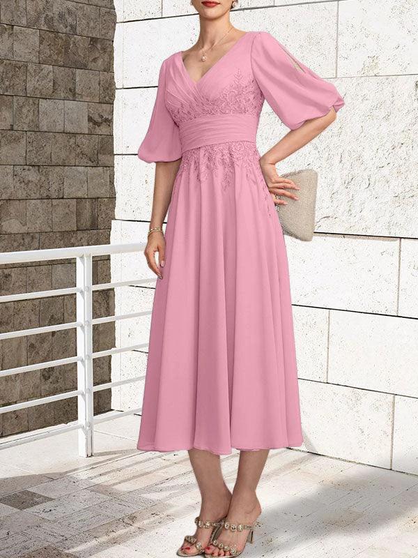 A-line V-Neck Tea-Length Lace Chiffon Mother of the Bride Dress With Pleated - Image 30