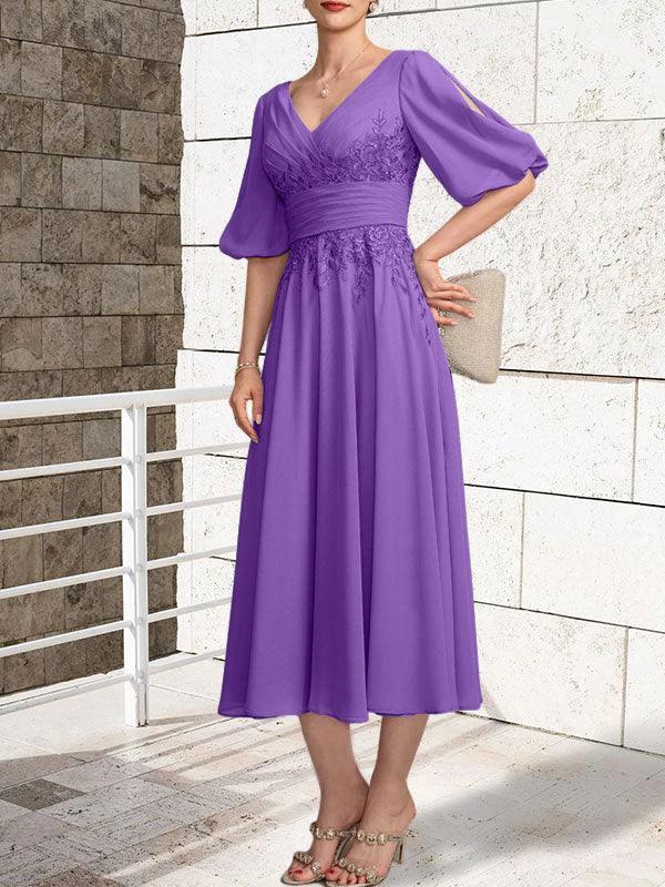 A-line V-Neck Tea-Length Lace Chiffon Mother of the Bride Dress With Pleated - Image 31