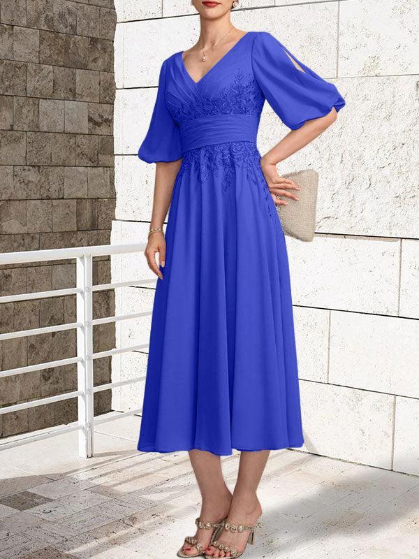 A-line V-Neck Tea-Length Lace Chiffon Mother of the Bride Dress With Pleated - Image 33