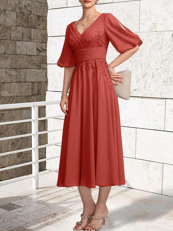 A-line V-Neck Tea-Length Lace Chiffon Mother of the Bride Dress With Pleated - Image 34