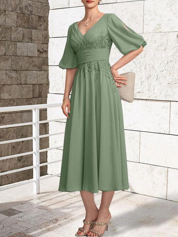 A-line V-Neck Tea-Length Lace Chiffon Mother of the Bride Dress With Pleated - Image 35