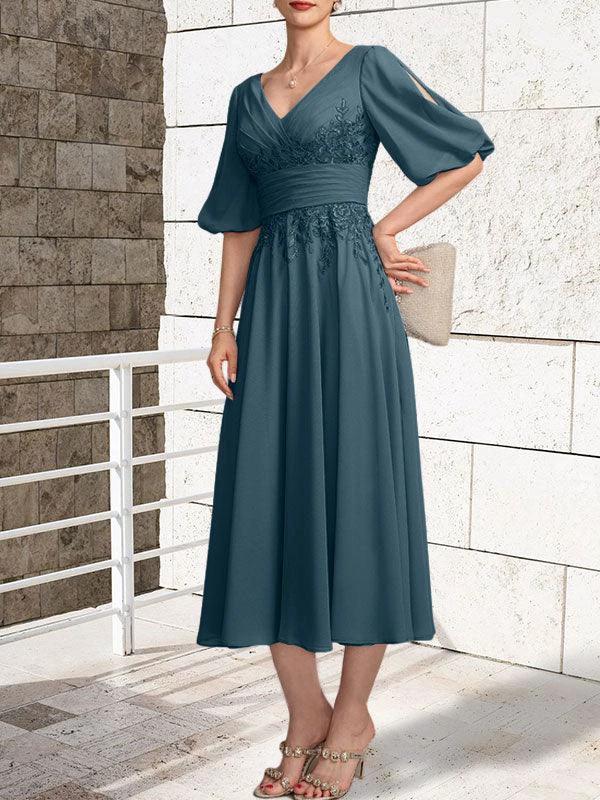 A-line V-Neck Tea-Length Lace Chiffon Mother of the Bride Dress With Pleated - Image 36