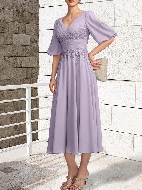 A-line V-Neck Tea-Length Lace Chiffon Mother of the Bride Dress With Pleated - Image 37