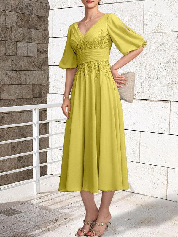 A-line V-Neck Tea-Length Lace Chiffon Mother of the Bride Dress With Pleated - Image 38