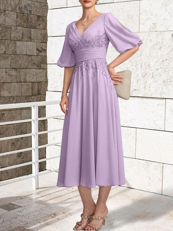 A-line V-Neck Tea-Length Lace Chiffon Mother of the Bride Dress With Pleated - Image 39