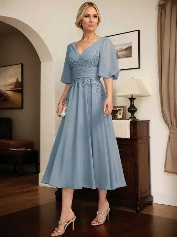A-line V-Neck Tea-Length Lace Chiffon Mother of the Bride Dress With Pleated - Image 4