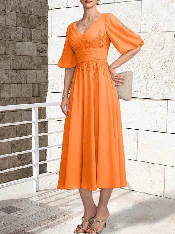 A-line V-Neck Tea-Length Lace Chiffon Mother of the Bride Dress With Pleated - Image 40