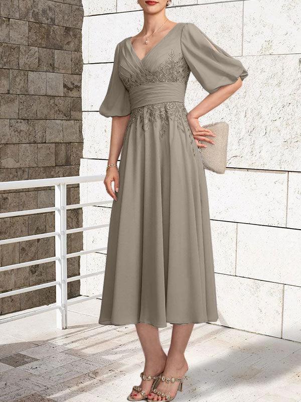 A-line V-Neck Tea-Length Lace Chiffon Mother of the Bride Dress With Pleated - Image 42