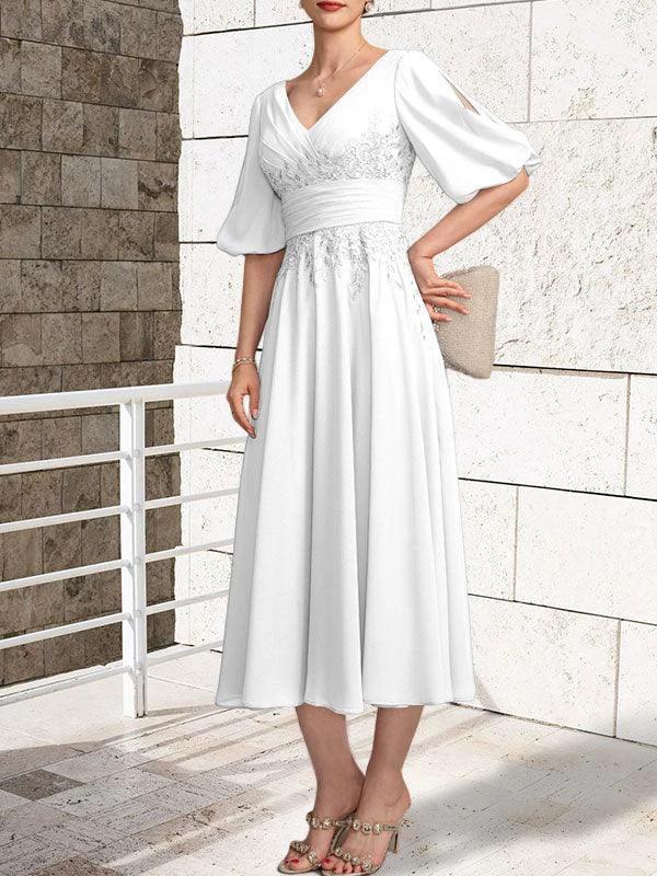 A-line V-Neck Tea-Length Lace Chiffon Mother of the Bride Dress With Pleated - Image 44