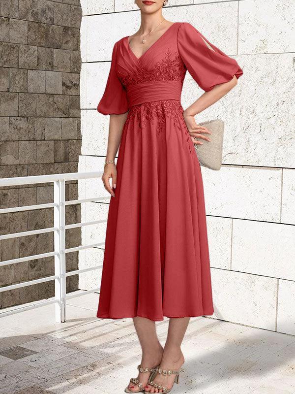 A-line V-Neck Tea-Length Lace Chiffon Mother of the Bride Dress With Pleated - Image 45