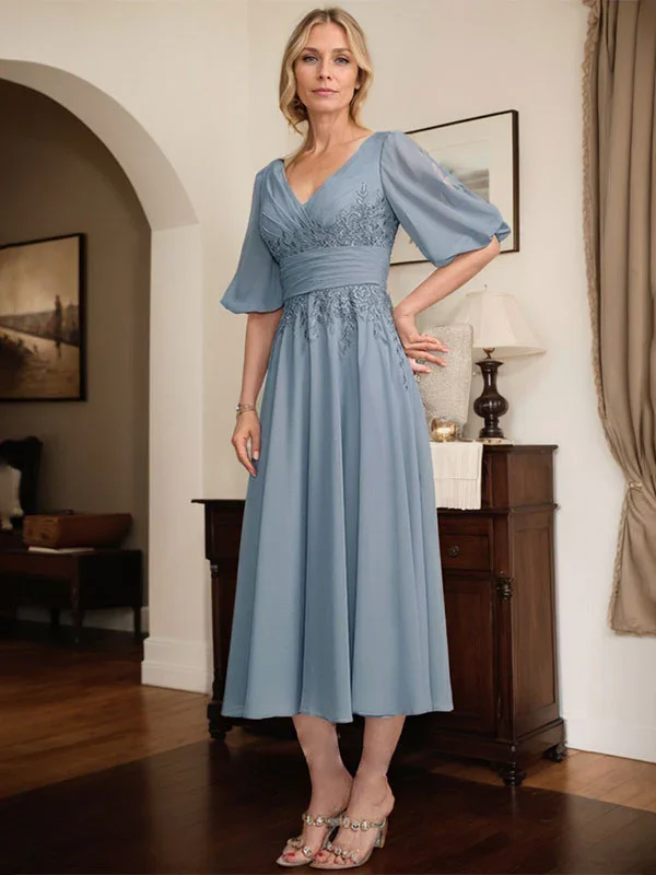 A-line V-Neck Tea-Length Lace Chiffon Mother of the Bride Dress With Pleated - Image 5