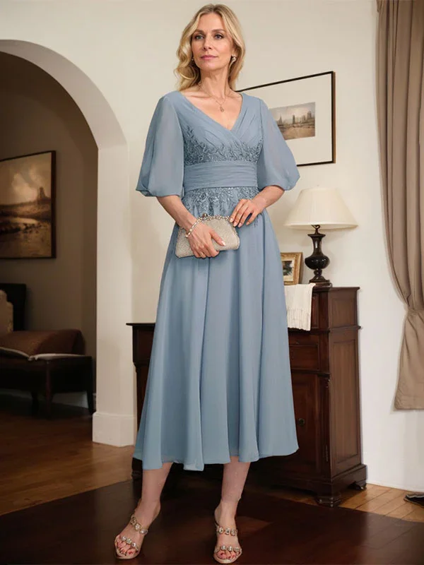 A-line V-Neck Tea-Length Lace Chiffon Mother of the Bride Dress With Pleated - Image 6