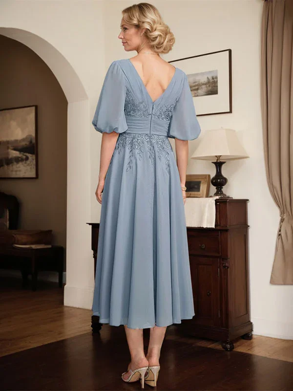 A-line V-Neck Tea-Length Lace Chiffon Mother of the Bride Dress With Pleated - Image 7