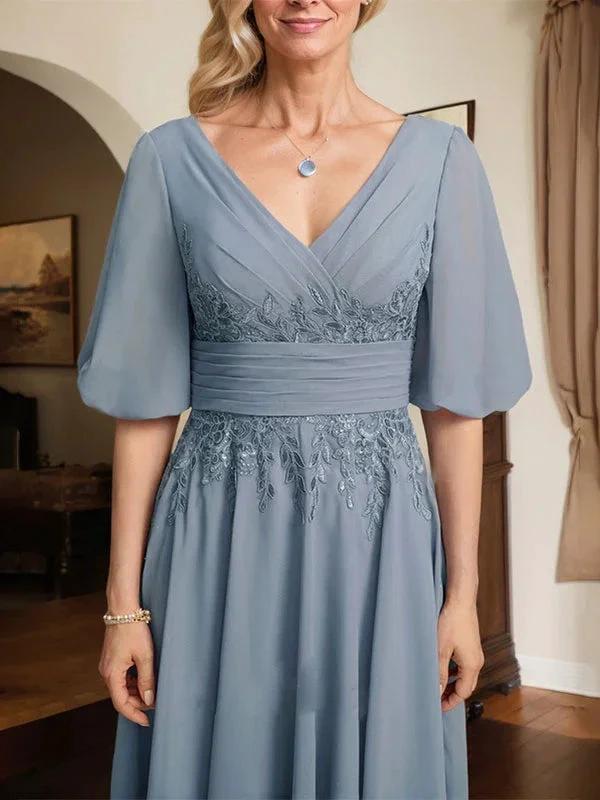 A-line V-Neck Tea-Length Lace Chiffon Mother of the Bride Dress With Pleated - Image 8