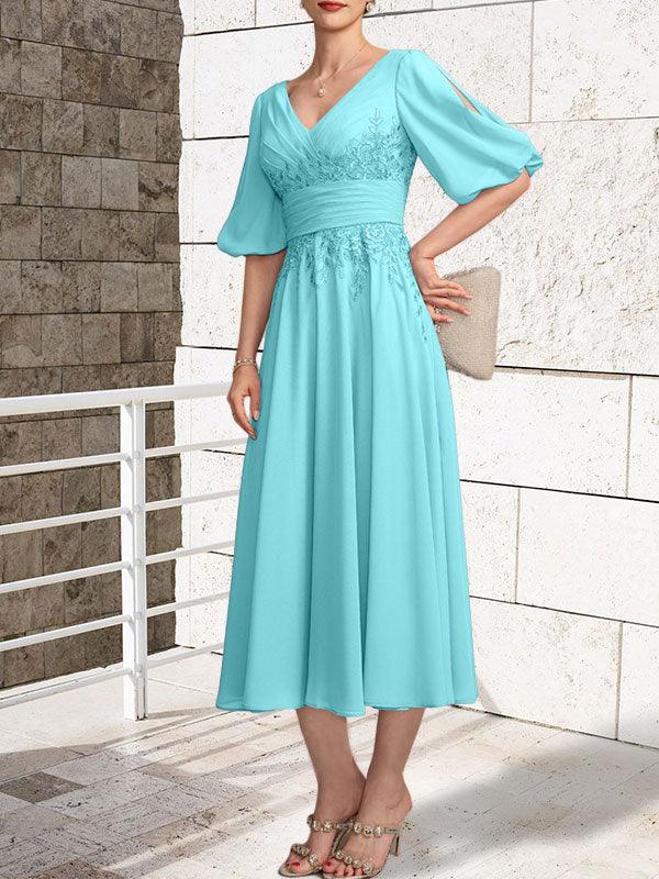 A-line V-Neck Tea-Length Lace Chiffon Mother of the Bride Dress With Pleated - Image 9