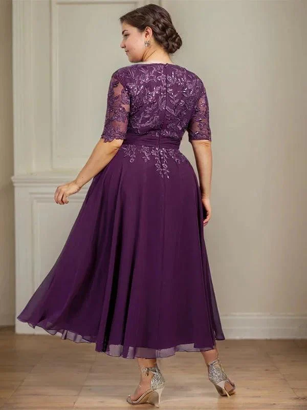 A-line V-Neck Tea-Length Lace Chiffon Mother of the Bride Dress With Sequins - Image 10