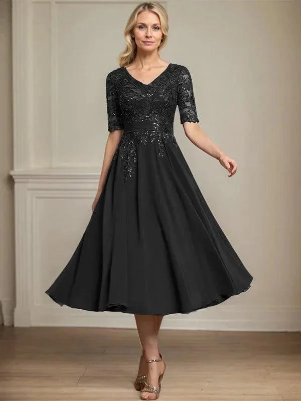 A-line V-Neck Tea-Length Lace Chiffon Mother of the Bride Dress With Sequins - Image 11