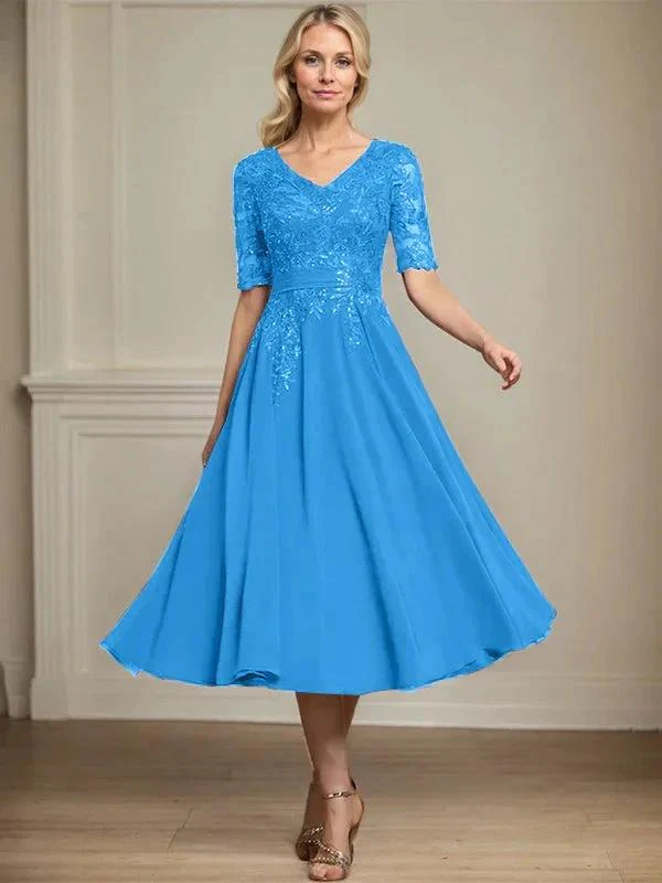 A-line V-Neck Tea-Length Lace Chiffon Mother of the Bride Dress With Sequins - Image 12