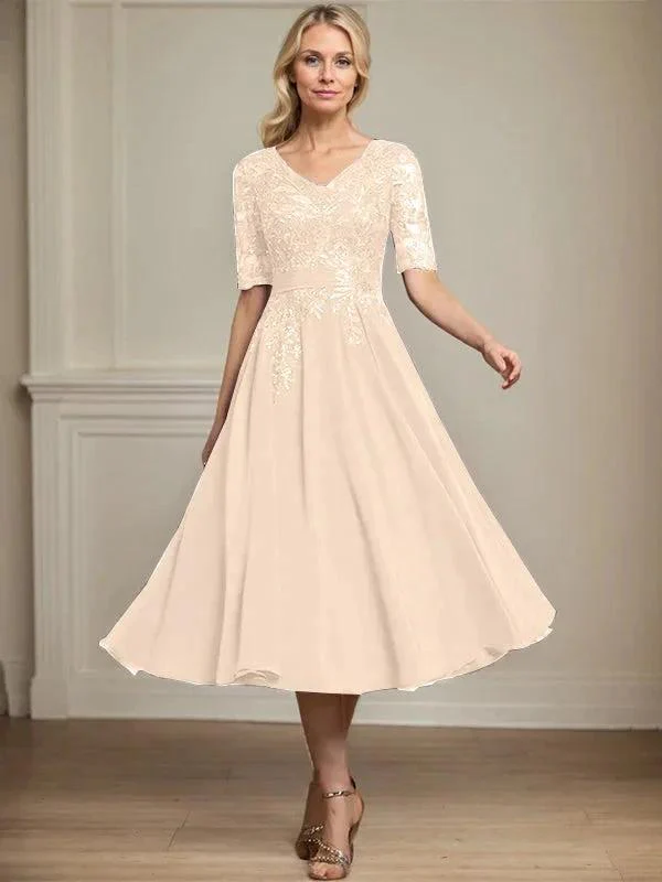 A-line V-Neck Tea-Length Lace Chiffon Mother of the Bride Dress With Sequins - Image 13
