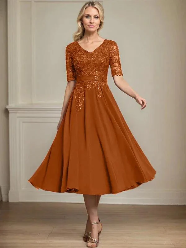 A-line V-Neck Tea-Length Lace Chiffon Mother of the Bride Dress With Sequins - Image 14