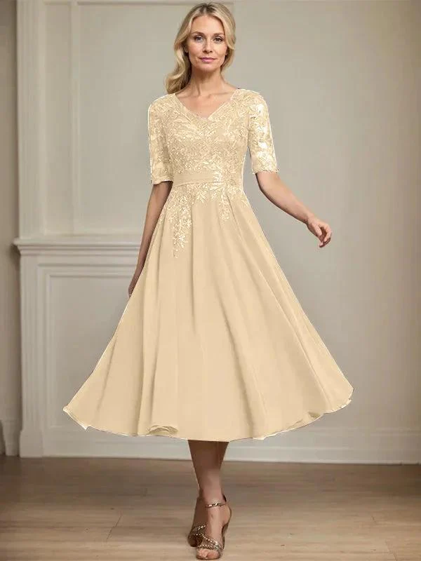 A-line V-Neck Tea-Length Lace Chiffon Mother of the Bride Dress With Sequins - Image 15