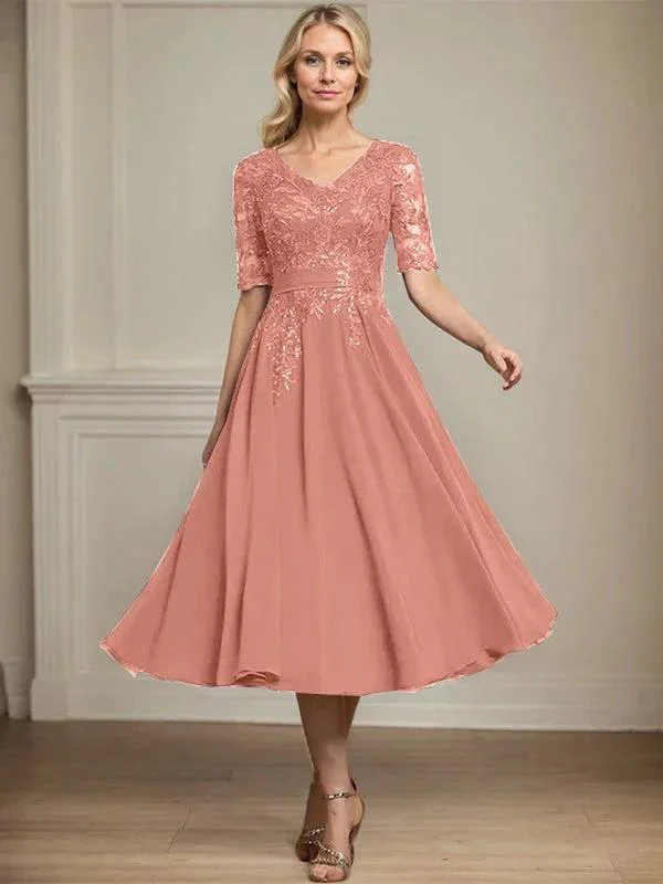 A-line V-Neck Tea-Length Lace Chiffon Mother of the Bride Dress With Sequins - Image 16