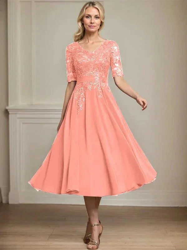 A-line V-Neck Tea-Length Lace Chiffon Mother of the Bride Dress With Sequins - Image 17