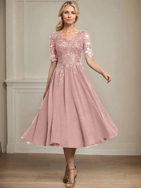 A-line V-Neck Tea-Length Lace Chiffon Mother of the Bride Dress With Sequins - Image 18