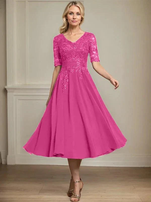 A-line V-Neck Tea-Length Lace Chiffon Mother of the Bride Dress With Sequins - Image 19