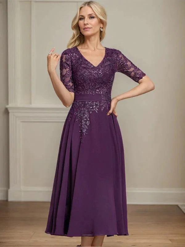 A-line V-Neck Tea-Length Lace Chiffon Mother of the Bride Dress With Sequins - Image 2