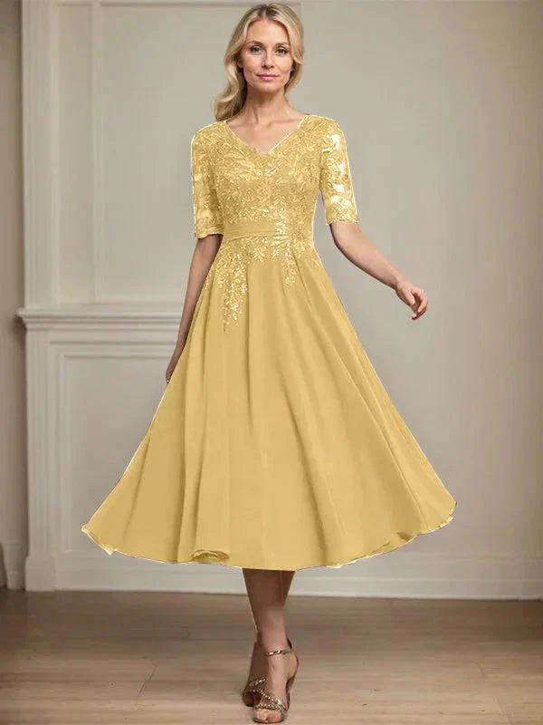 A-line V-Neck Tea-Length Lace Chiffon Mother of the Bride Dress With Sequins - Image 20
