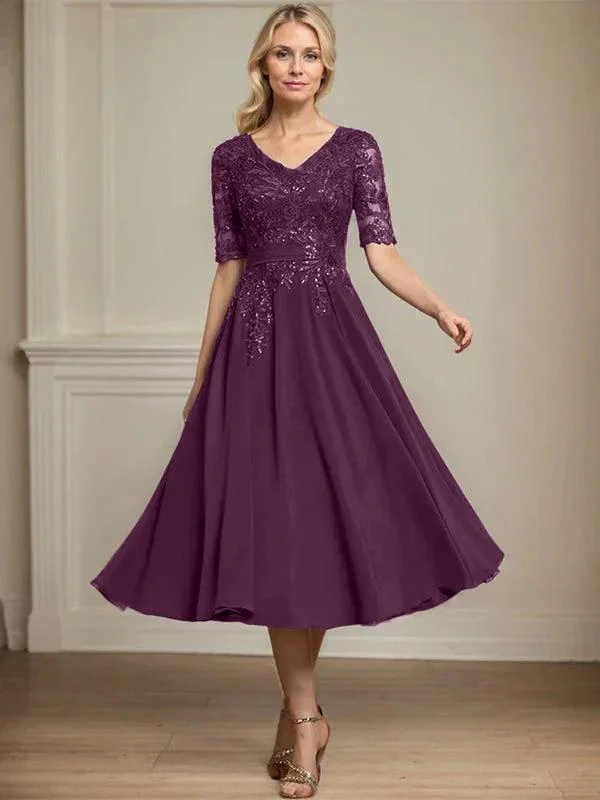 A-line V-Neck Tea-Length Lace Chiffon Mother of the Bride Dress With Sequins - Image 21