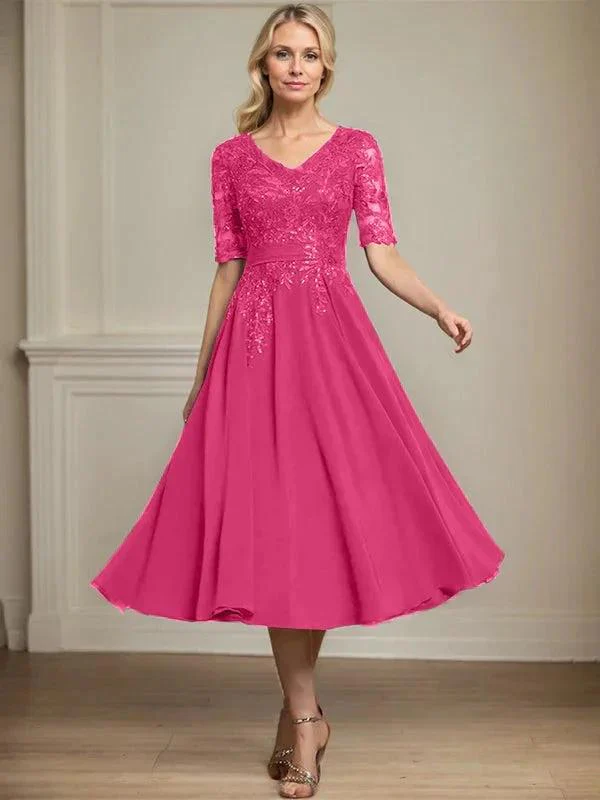 A-line V-Neck Tea-Length Lace Chiffon Mother of the Bride Dress With Sequins - Image 22