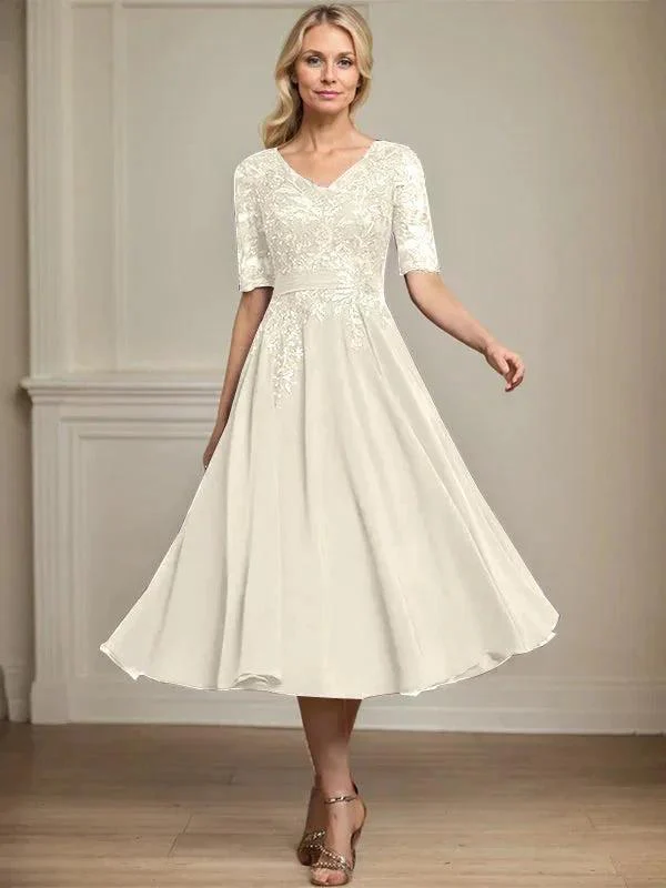 A-line V-Neck Tea-Length Lace Chiffon Mother of the Bride Dress With Sequins - Image 23