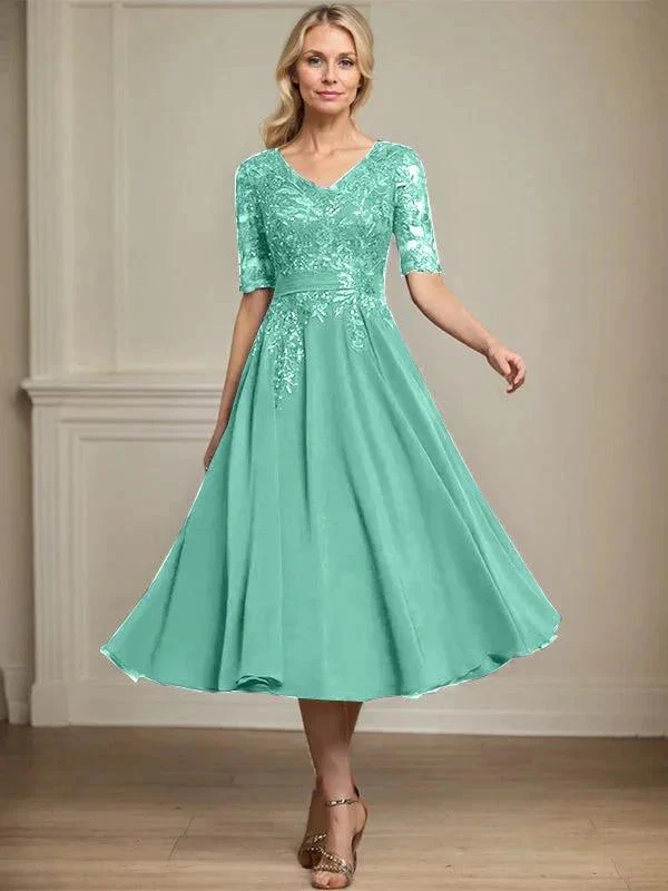 A-line V-Neck Tea-Length Lace Chiffon Mother of the Bride Dress With Sequins - Image 24
