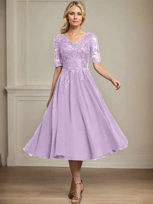 A-line V-Neck Tea-Length Lace Chiffon Mother of the Bride Dress With Sequins - Image 25