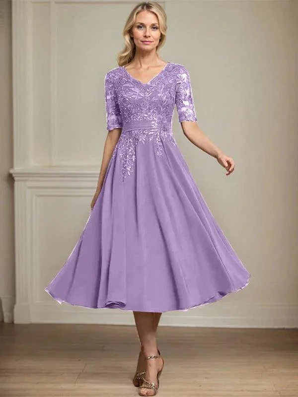 A-line V-Neck Tea-Length Lace Chiffon Mother of the Bride Dress With Sequins - Image 26