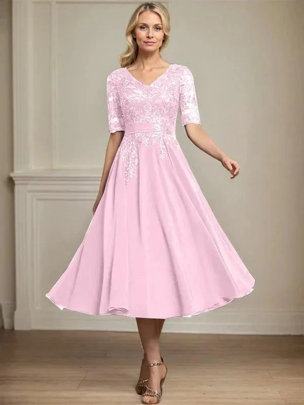 A-line V-Neck Tea-Length Lace Chiffon Mother of the Bride Dress With Sequins - Image 27
