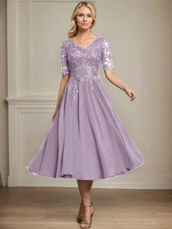 A-line V-Neck Tea-Length Lace Chiffon Mother of the Bride Dress With Sequins - Image 28