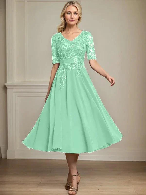 A-line V-Neck Tea-Length Lace Chiffon Mother of the Bride Dress With Sequins - Image 29