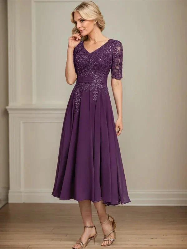 A-line V-Neck Tea-Length Lace Chiffon Mother of the Bride Dress With Sequins - Image 3