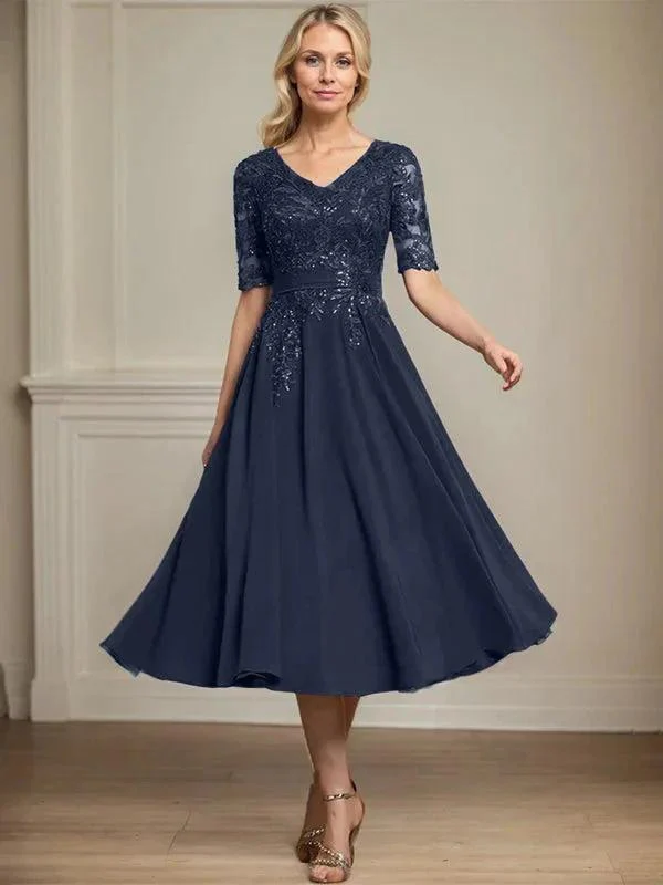 A-line V-Neck Tea-Length Lace Chiffon Mother of the Bride Dress With Sequins - Image 30